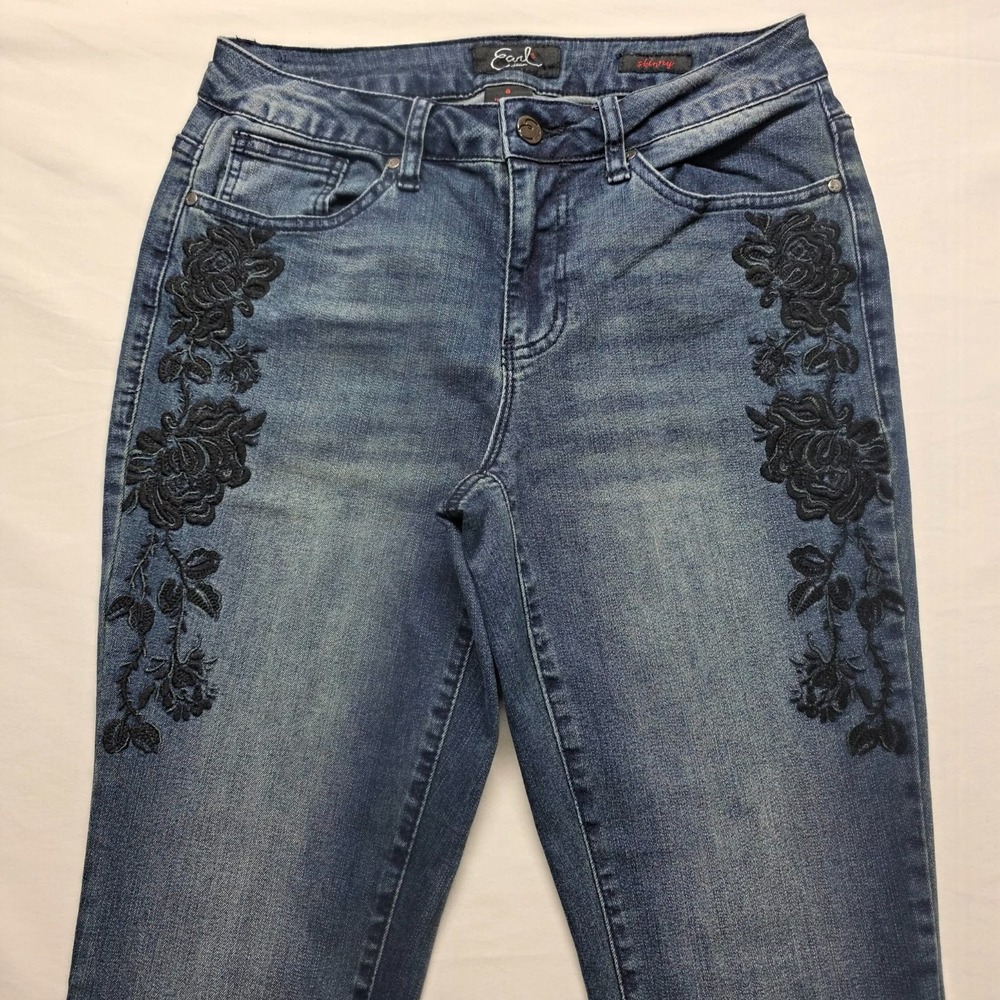 Earl Jeans Embroidered Black Floral Design Dark Denim Skinny Ankle Womens Size 8 - Picture 5 of 13